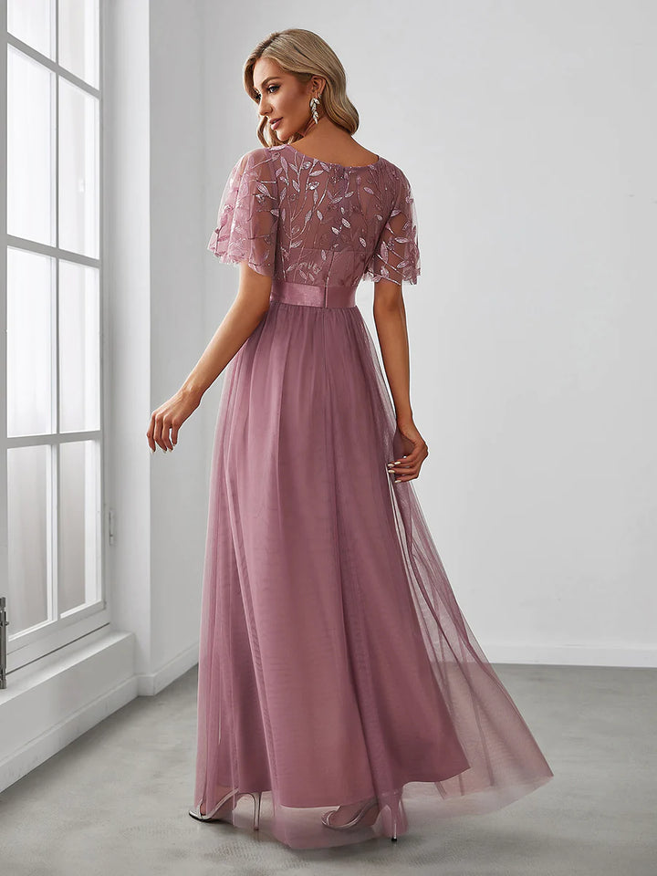 Sequin Print Floor-length Bridesmaid Dress with Cap Sleeve - CALABRO®