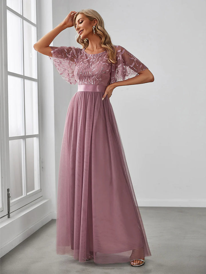 Sequin Print Floor-length Bridesmaid Dress with Cap Sleeve - CALABRO®