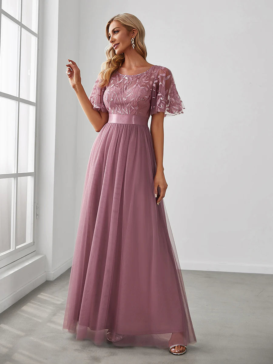 Sequin Print Floor-length Bridesmaid Dress with Cap Sleeve - CALABRO®