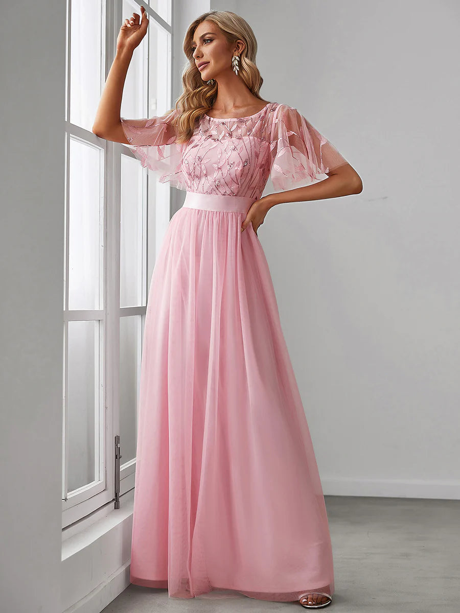 Sequin Print Maxi Long Bridesmaid Dress with Cap Sleeve - CALABRO®