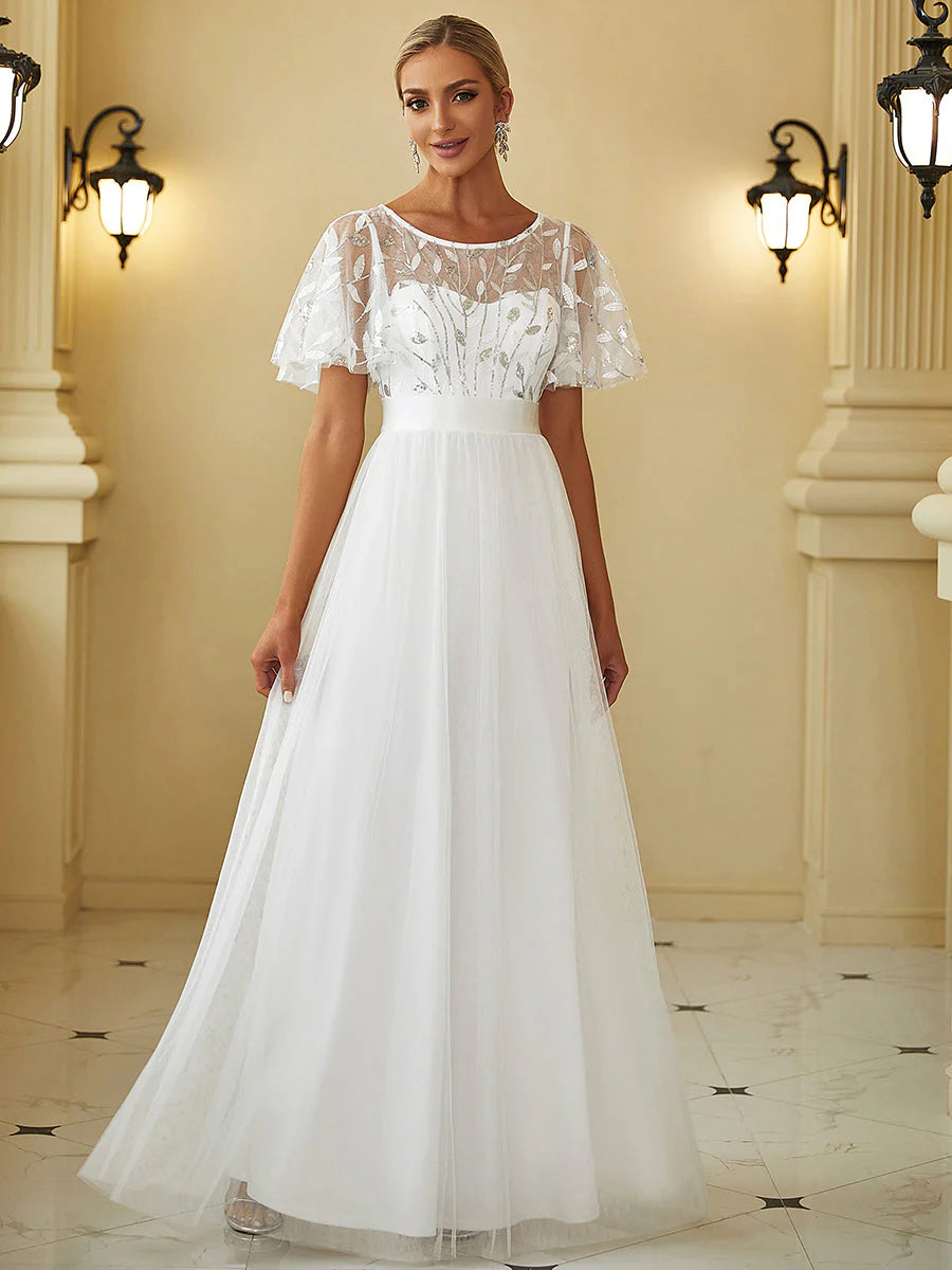 Sequin Print Floor-length Wedding Dresses with Cap Sleeve - CALABRO®