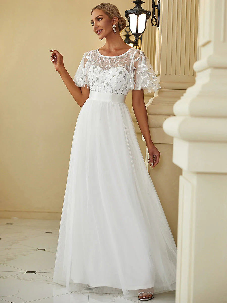 Sequin Print Floor-length Wedding Dresses with Cap Sleeve - CALABRO®