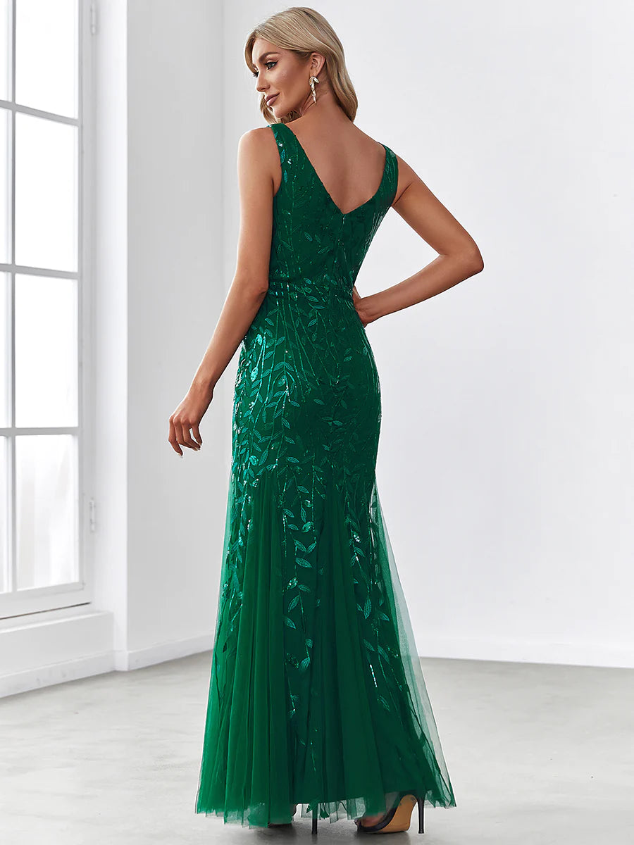 V-Neck Sequinned Leaf Pattern Evening Dress - CALABRO®