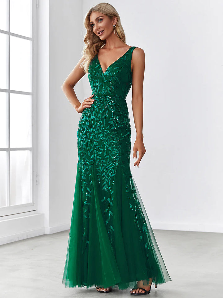 V-Neck Sequinned Leaf Pattern Evening Dress - CALABRO®