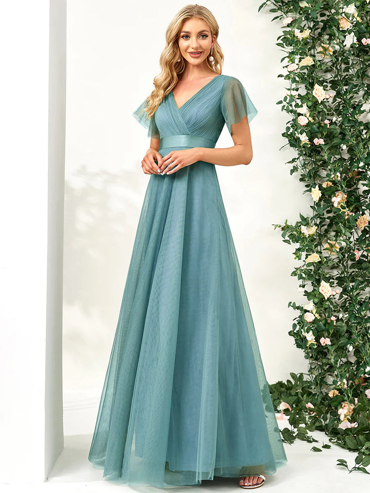 Women's Pretty V-Neck A-Line Floor-Length Bridesmaid Dress - CALABRO®