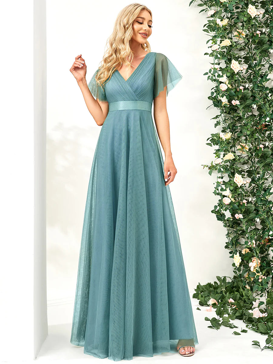 Women's Pretty V-Neck A-Line Floor-Length Bridesmaid Dress - CALABRO®