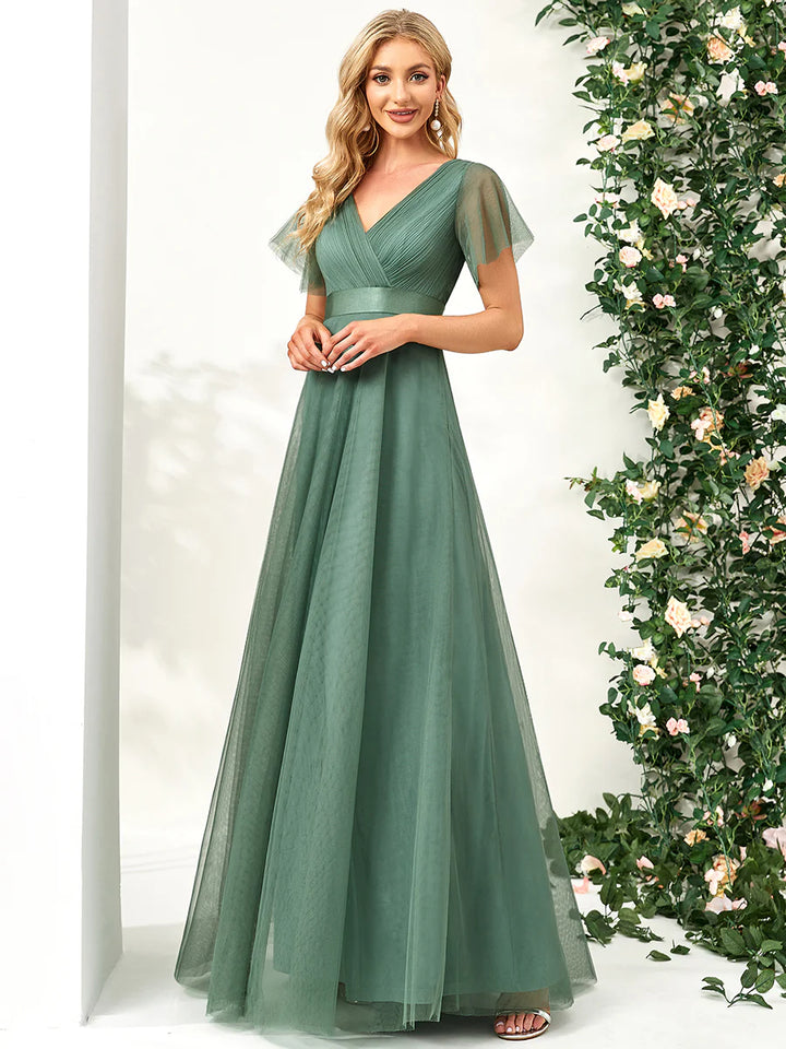 Women's Pretty V-Neck A-Line Floor-Length Bridesmaid Dress - CALABRO®