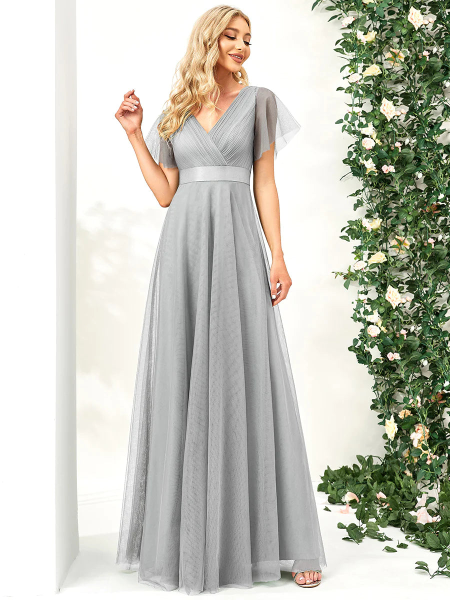 Women's Pretty V-Neck A-Line Floor-Length Bridesmaid Dress - CALABRO®