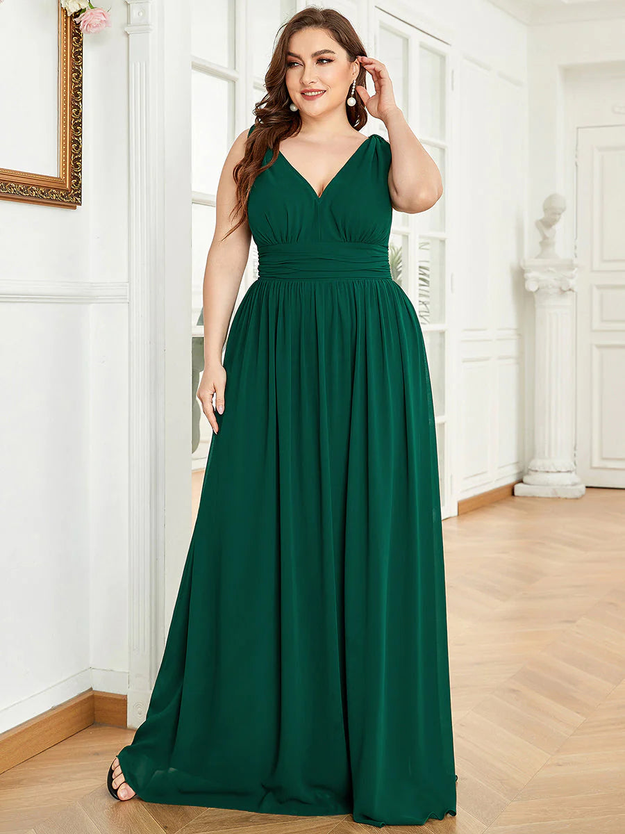 V-Neck Ruched Top Flowy Plus Size Evening Dresses - CALABRO®