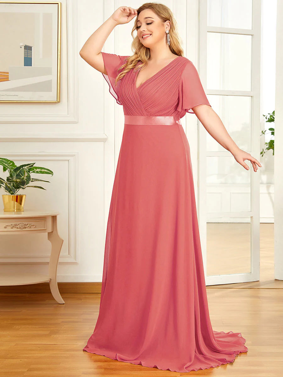 Glamorous Double V-Neck Ruffles Padded Plus Size Evening Dresses - CALABRO®