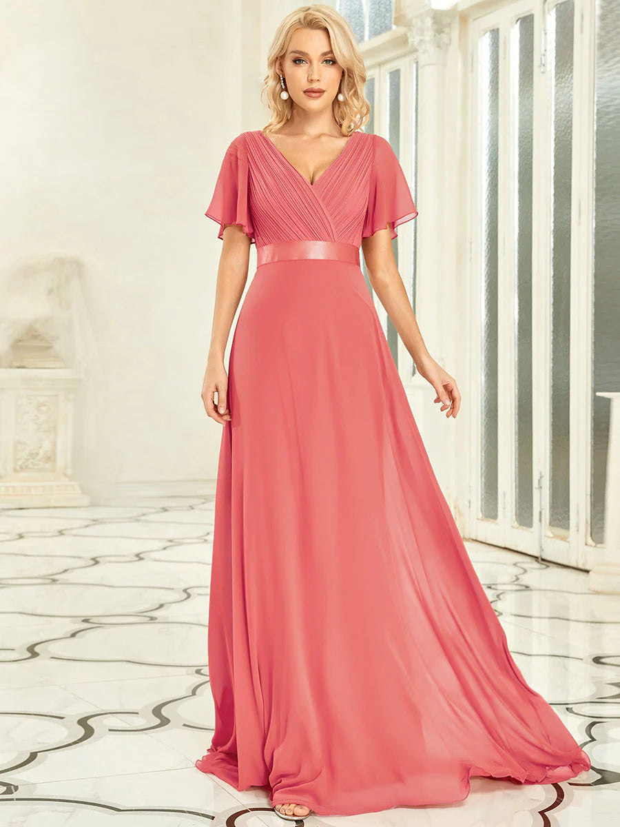 Butterfly Sleeve Pleated Top V-Neck Bridesmaid Dress - CALABRO®