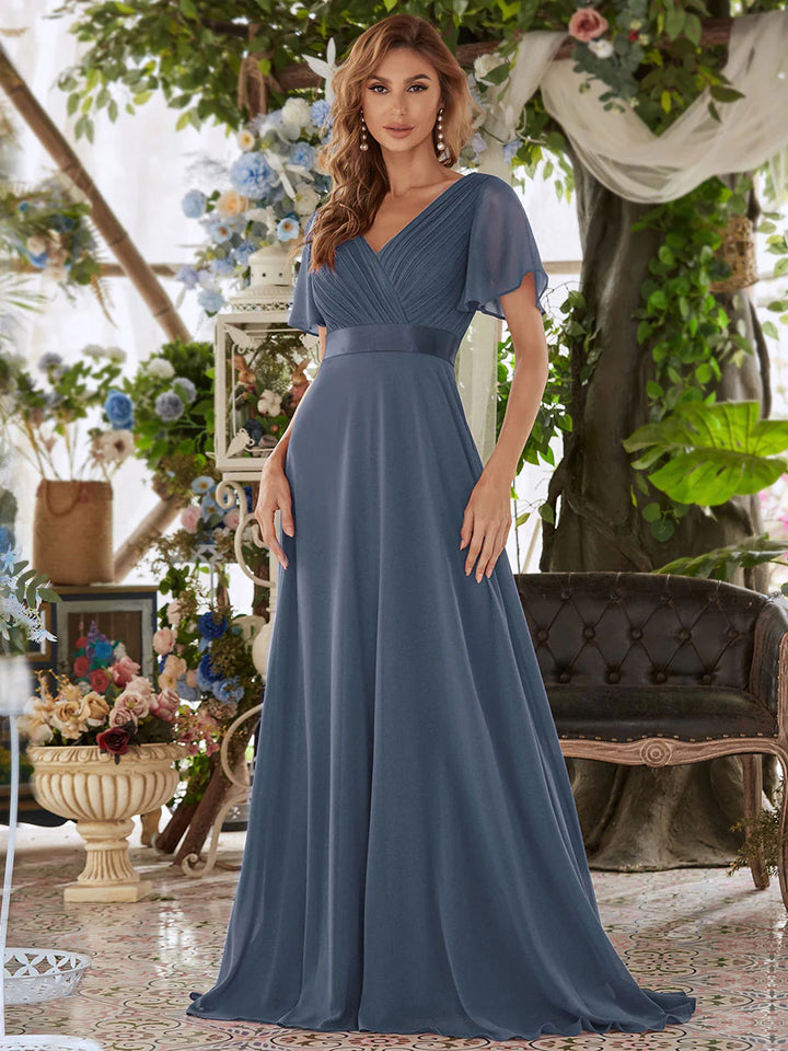 Butterfly Sleeve Pleated Top V-Neck Bridesmaid Dress - CALABRO®