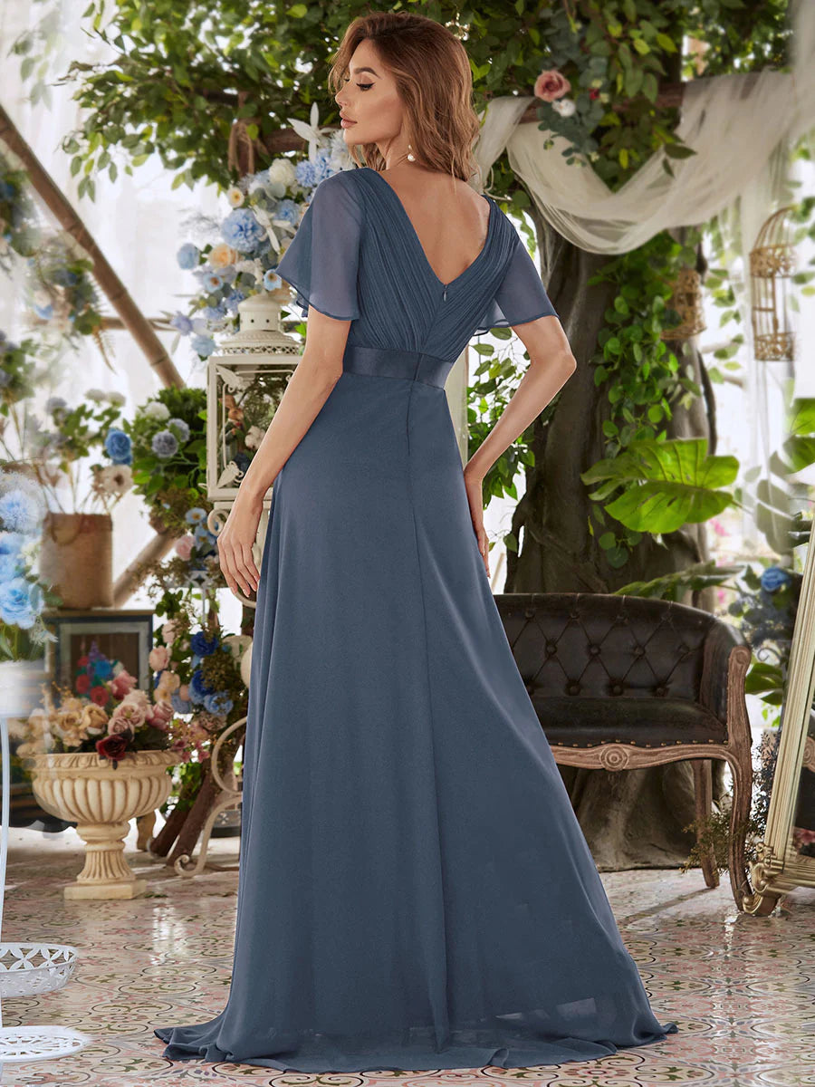 Butterfly Sleeve Pleated Top V-Neck Bridesmaid Dress - CALABRO®