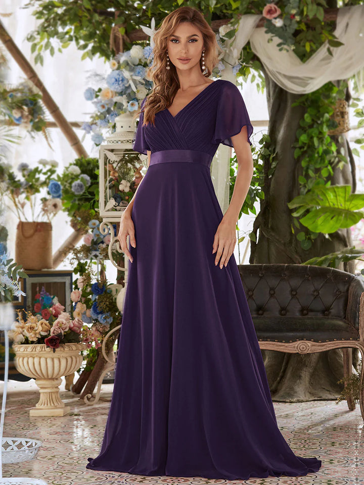 Butterfly Sleeve Pleated Top V-Neck Bridesmaid Dress - CALABRO®