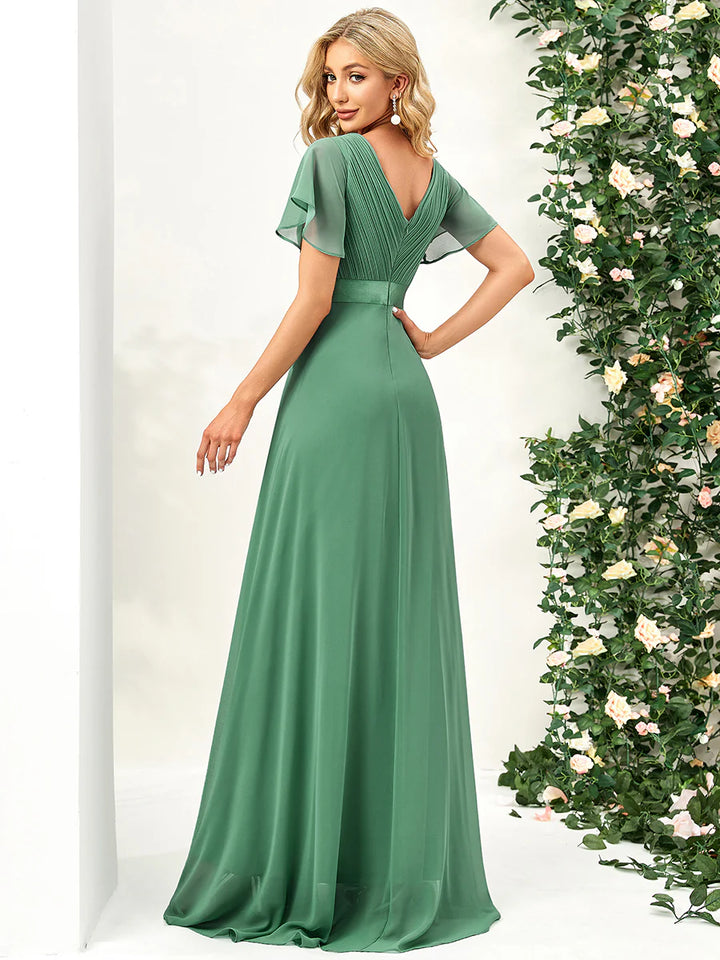 High Waist Short Sleeves Evening Dress