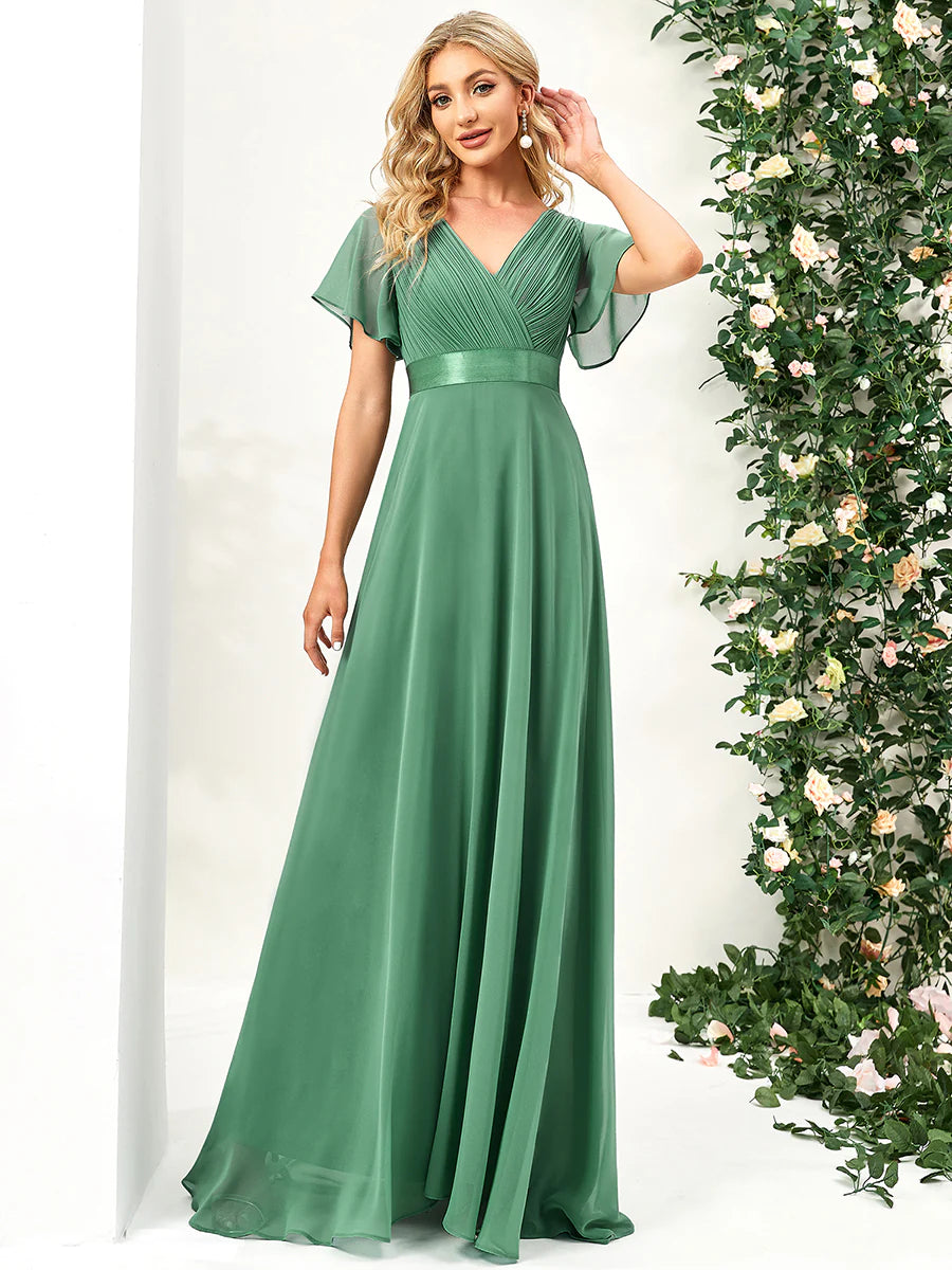 Butterfly Sleeve Pleated Top V-Neck Bridesmaid Dress - CALABRO®