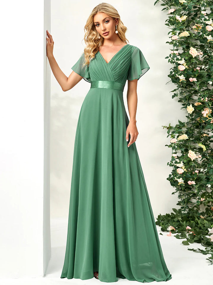 Butterfly Sleeve Pleated Top V-Neck Bridesmaid Dress - CALABRO®