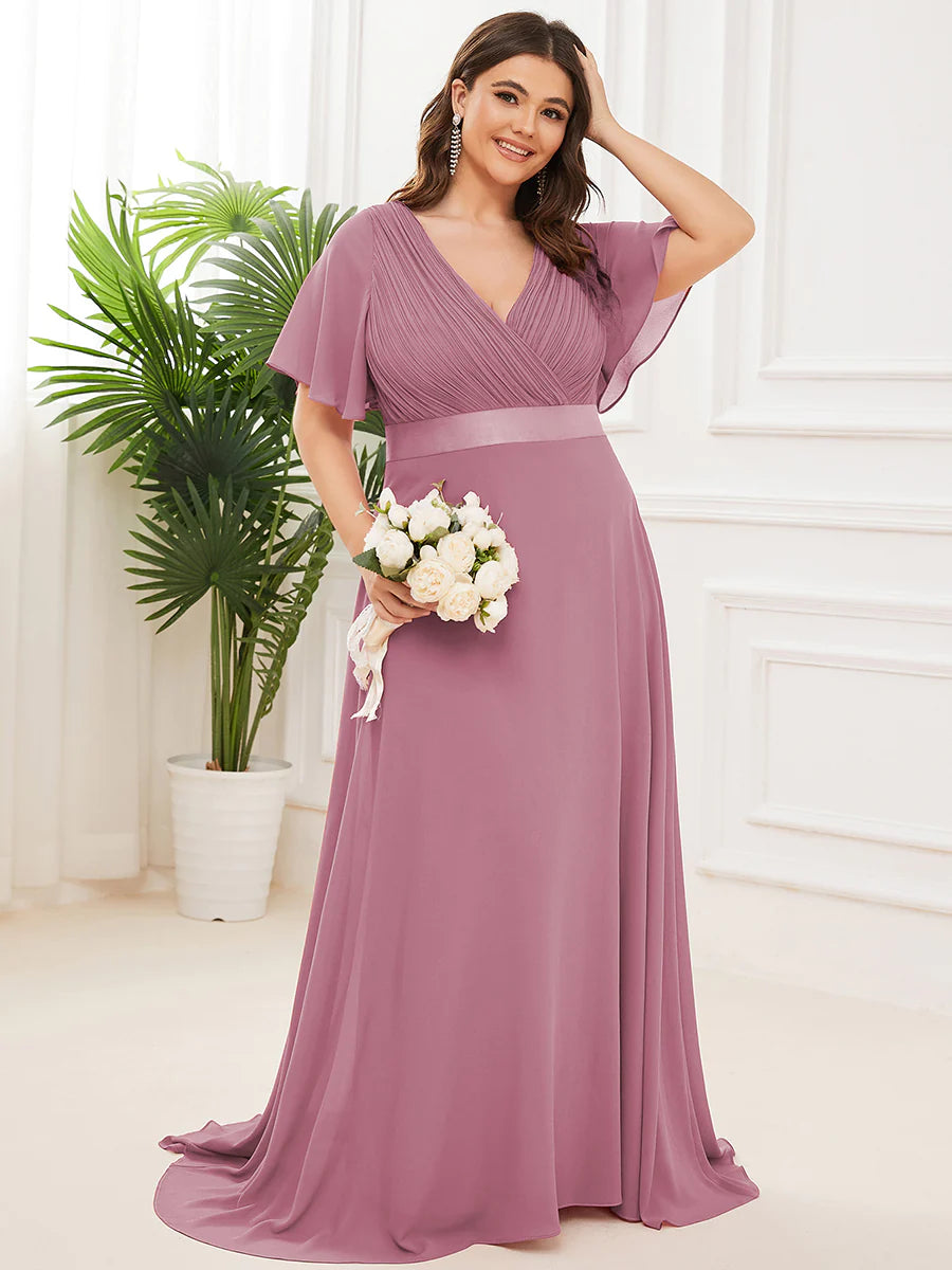 Glamorous Double V-Neck Ruffles Padded Plus Size Evening Dresses - CALABRO®