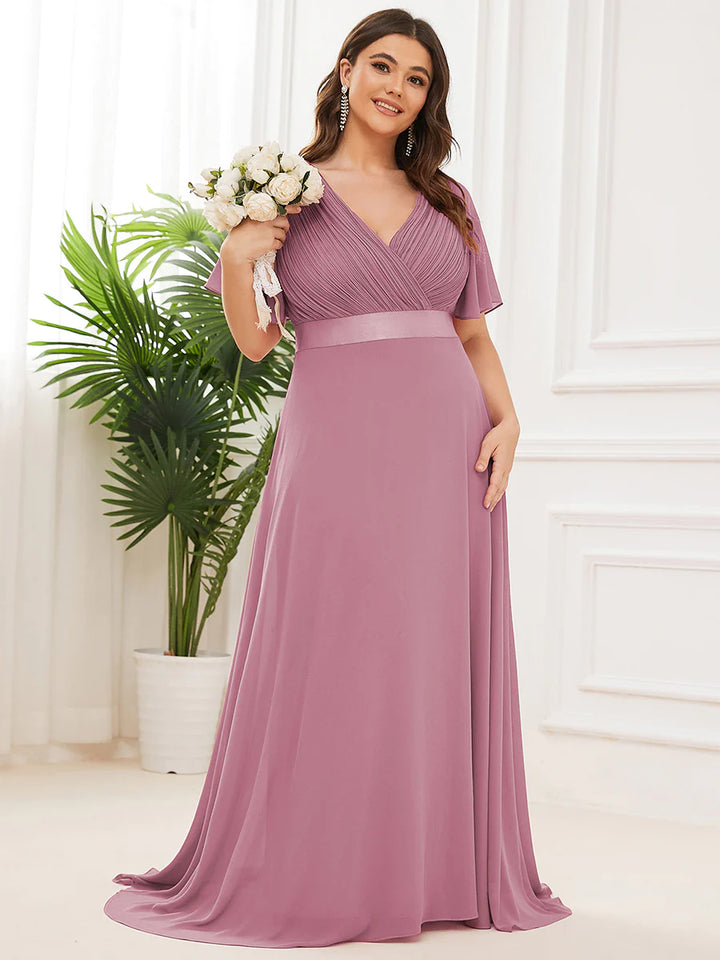 Glamorous Double V-Neck Ruffles Padded Plus Size Evening Dresses - CALABRO®