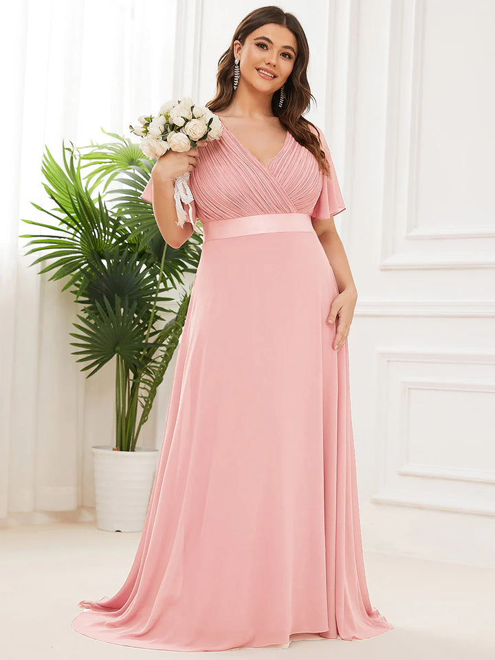 Glamorous Double V-Neck Ruffles Padded Plus Size Evening Dresses - CALABRO®