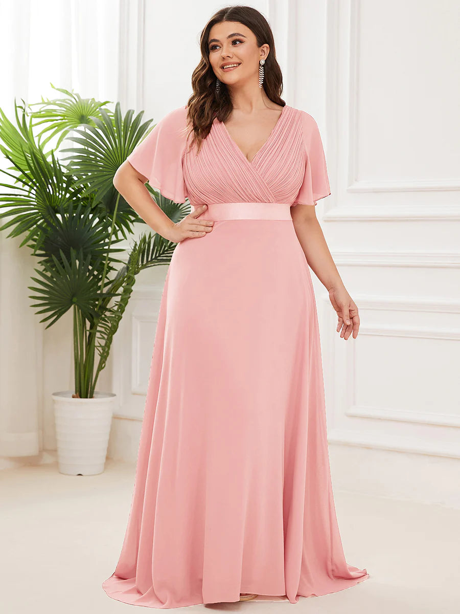 Glamorous Double V-Neck Ruffles Padded Plus Size Evening Dresses - CALABRO®