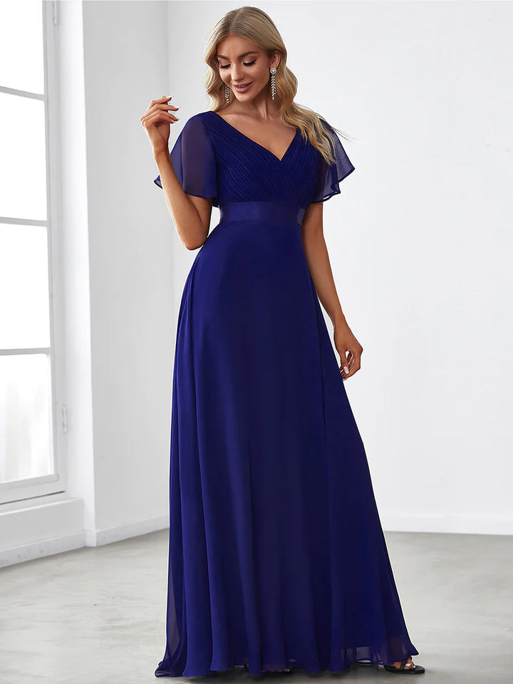 Butterfly Sleeve Pleated Top V-Neck Bridesmaid Dress - CALABRO®