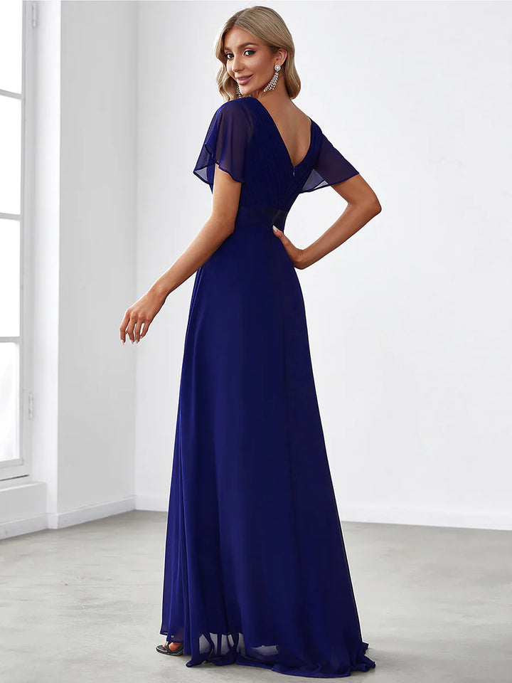 Butterfly Sleeve Pleated Top V-Neck Bridesmaid Dress - CALABRO®