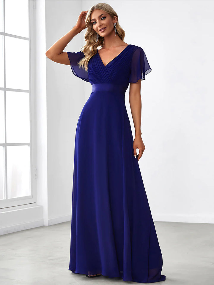 Butterfly Sleeve Pleated Top V-Neck Bridesmaid Dress - CALABRO®