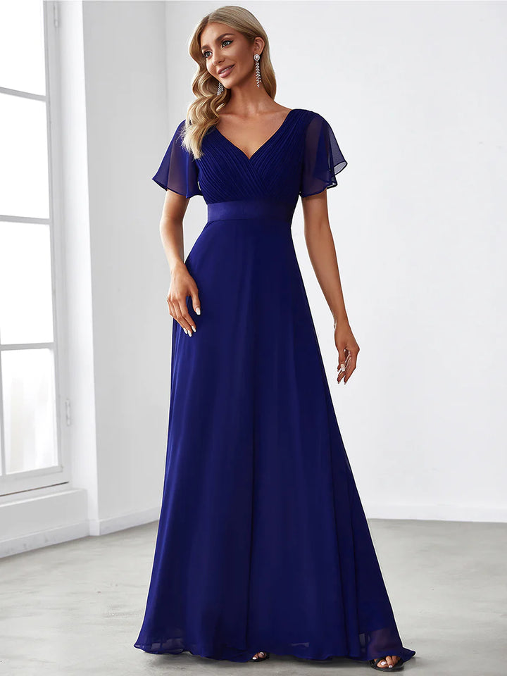 Butterfly Sleeve Pleated Top V-Neck Bridesmaid Dress - CALABRO®