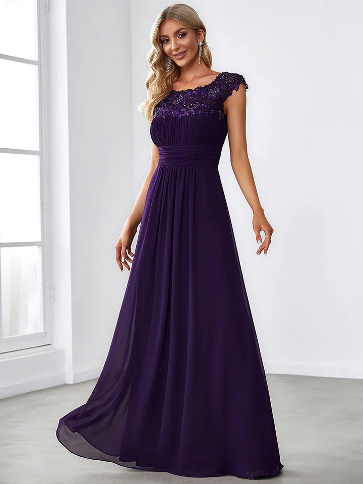 Lacey Neckline Open Back Ruched Bust Formal Dresses - CALABRO®