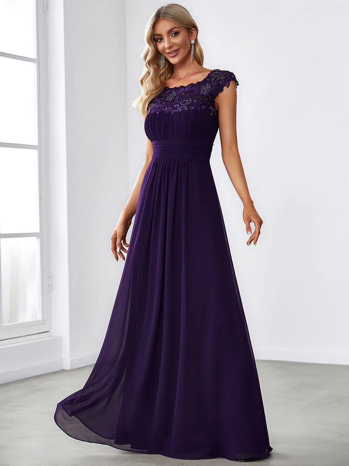 Lacey Neckline Open Back Ruched Bust Evening Dress