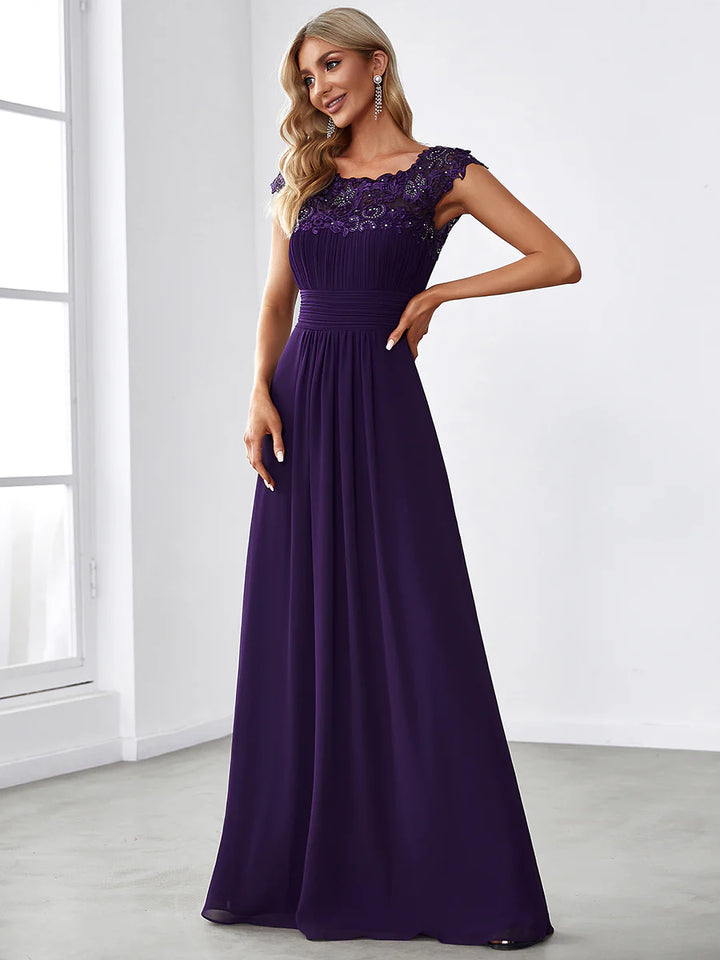 Lacey Neckline Open Back Ruched Bust Formal Dresses - CALABRO®