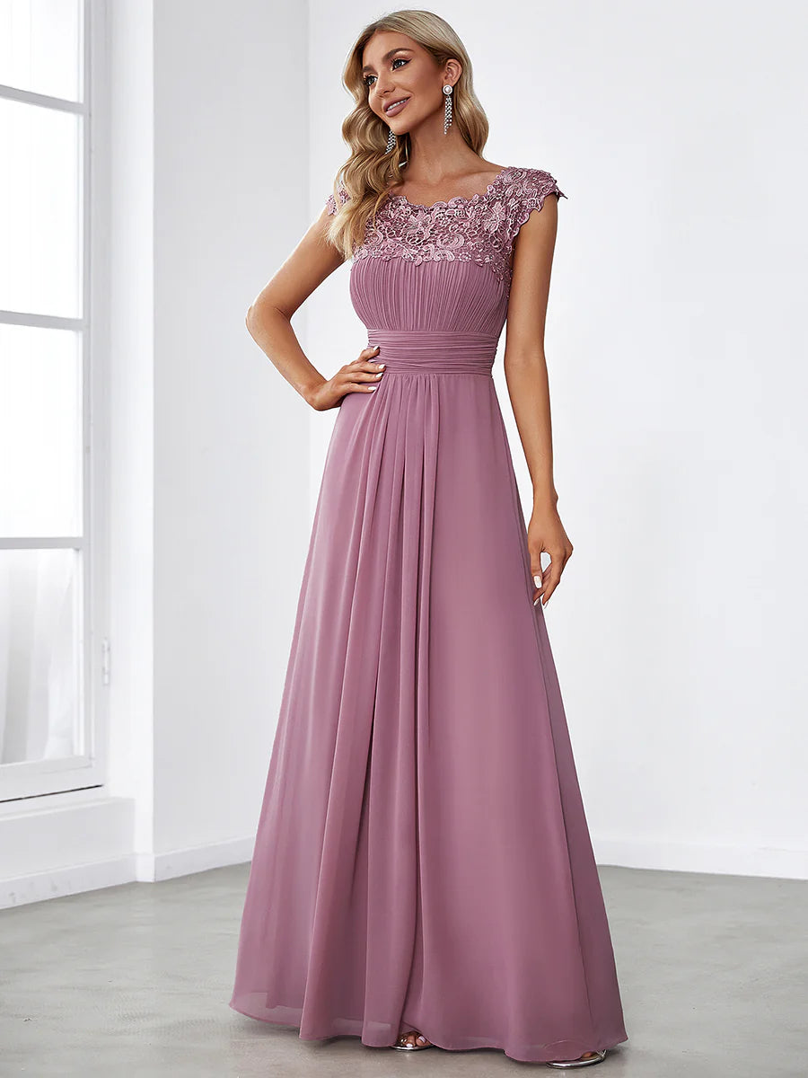 Lacey Neckline Open Back Ruched Bust Evening Dress