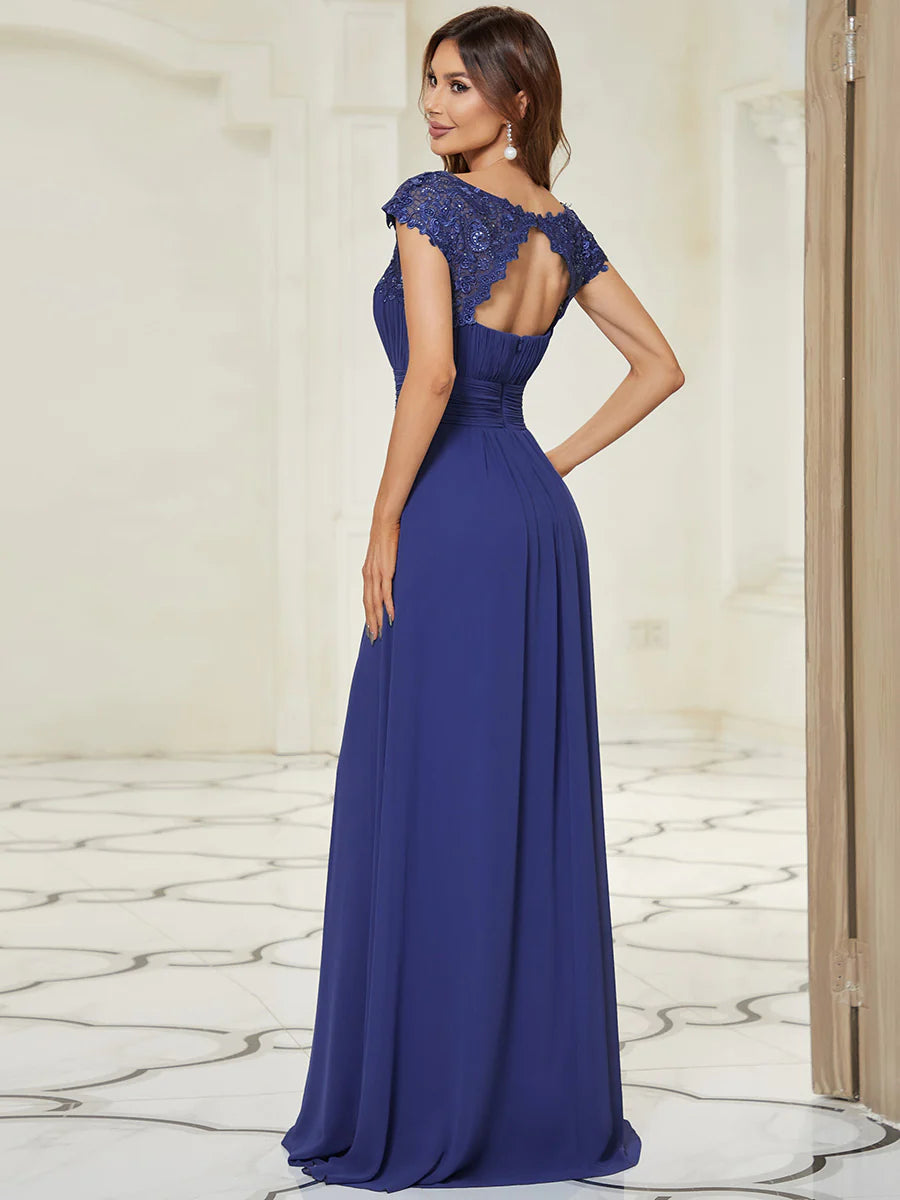 Lacey Neckline Open Back Ruched Bust Formal Dresses - CALABRO®