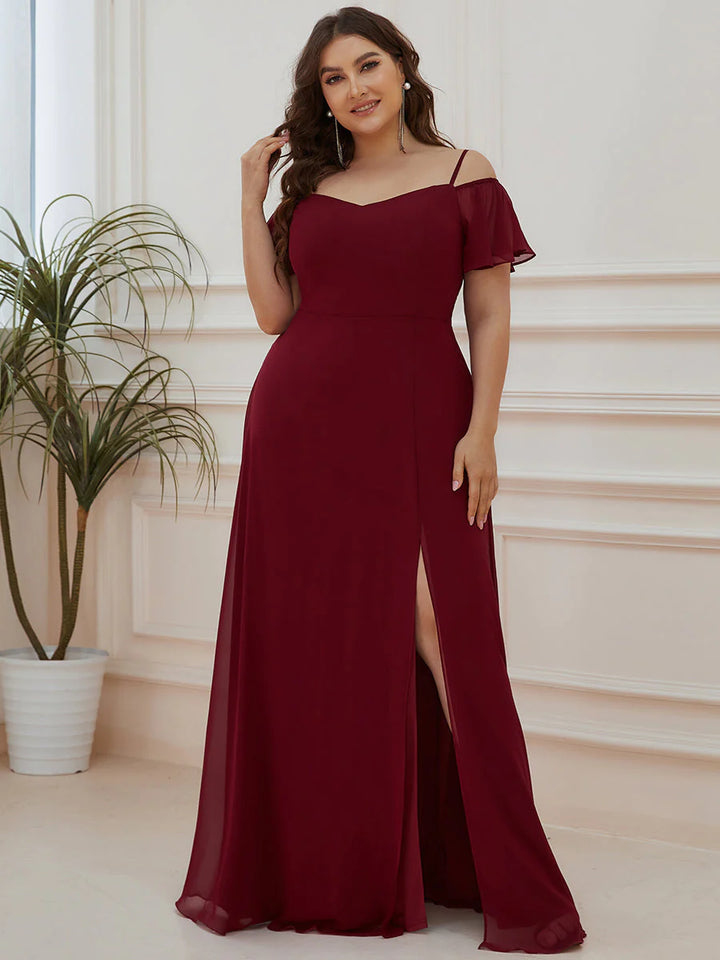 Cold Shoulder Flowy Thigh Slit Plus Size Evening Dress - CALABRO®