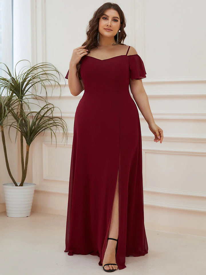 Cold Shoulder Flowy Thigh Slit Plus Size Evening Dress - CALABRO®