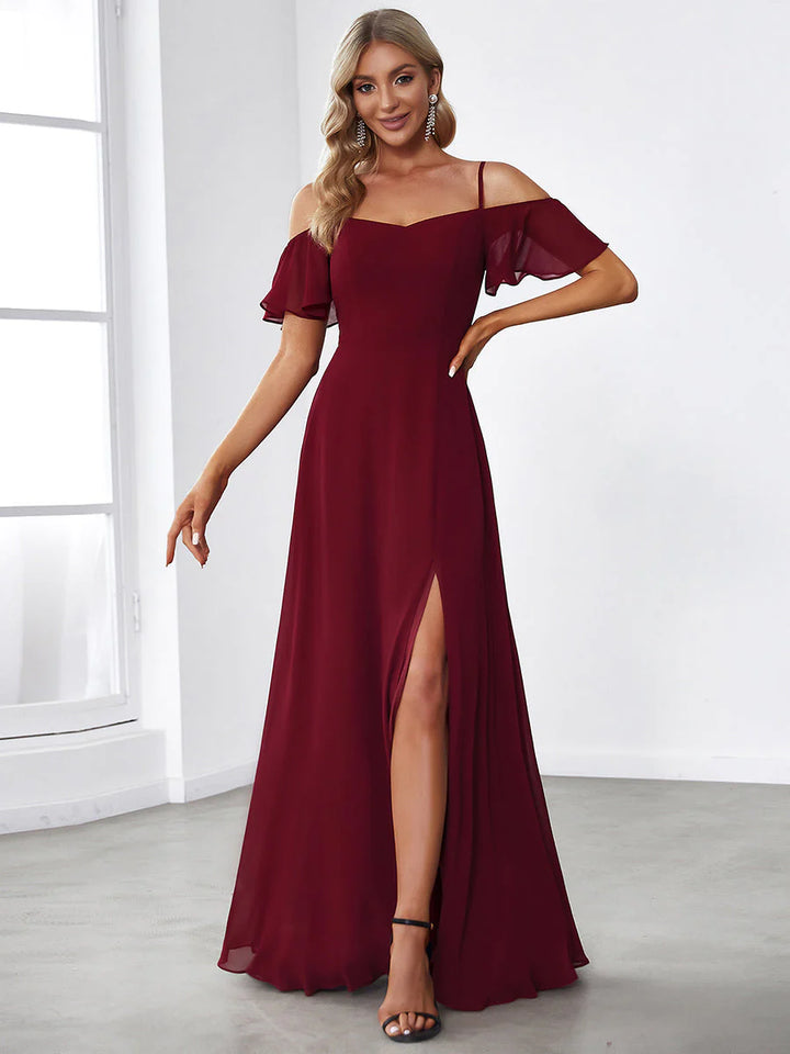 Off-Shoulder Ruffle Sleeve Thigh Slit Bridesmaid Dress - CALABRO®