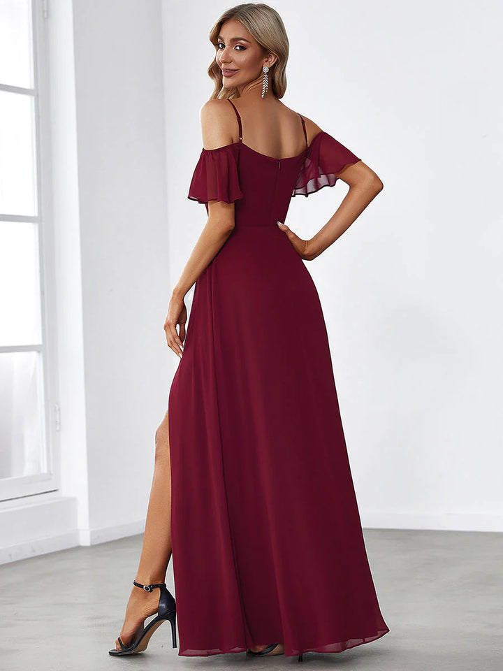 Off-Shoulder Ruffle Sleeve Thigh Slit Bridesmaid Dress - CALABRO®