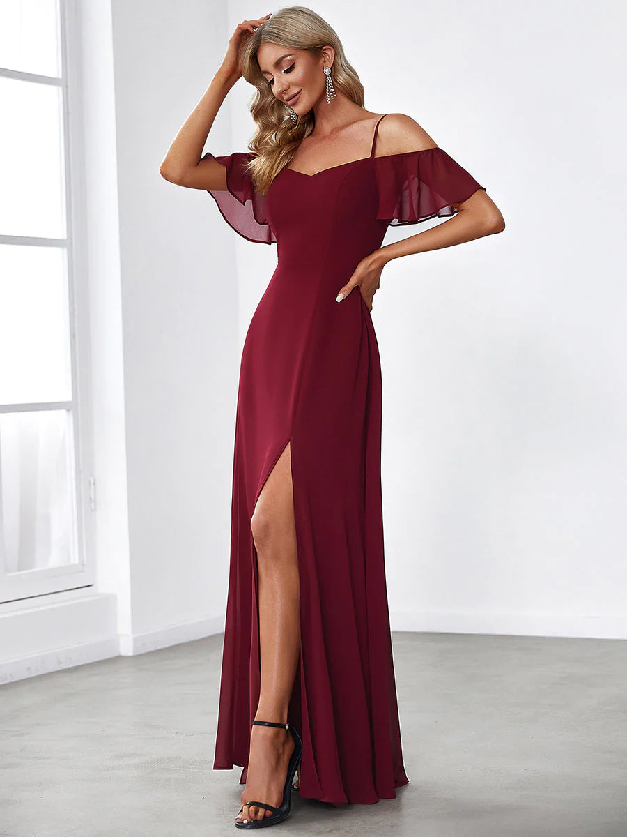 Off-Shoulder Ruffle Sleeve Thigh Slit Bridesmaid Dress - CALABRO®