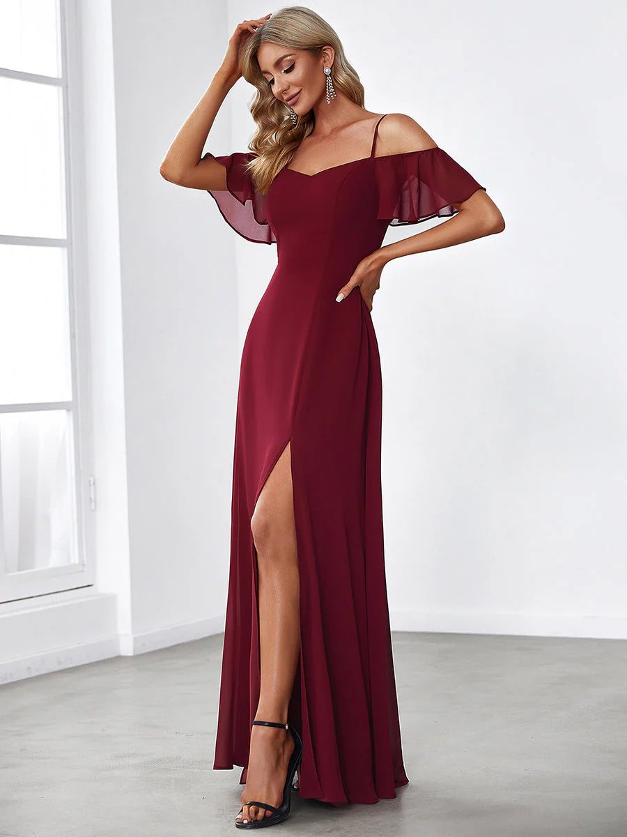 Flattering Deep V Neck Flare Sleeves Bridesmaid Dresses