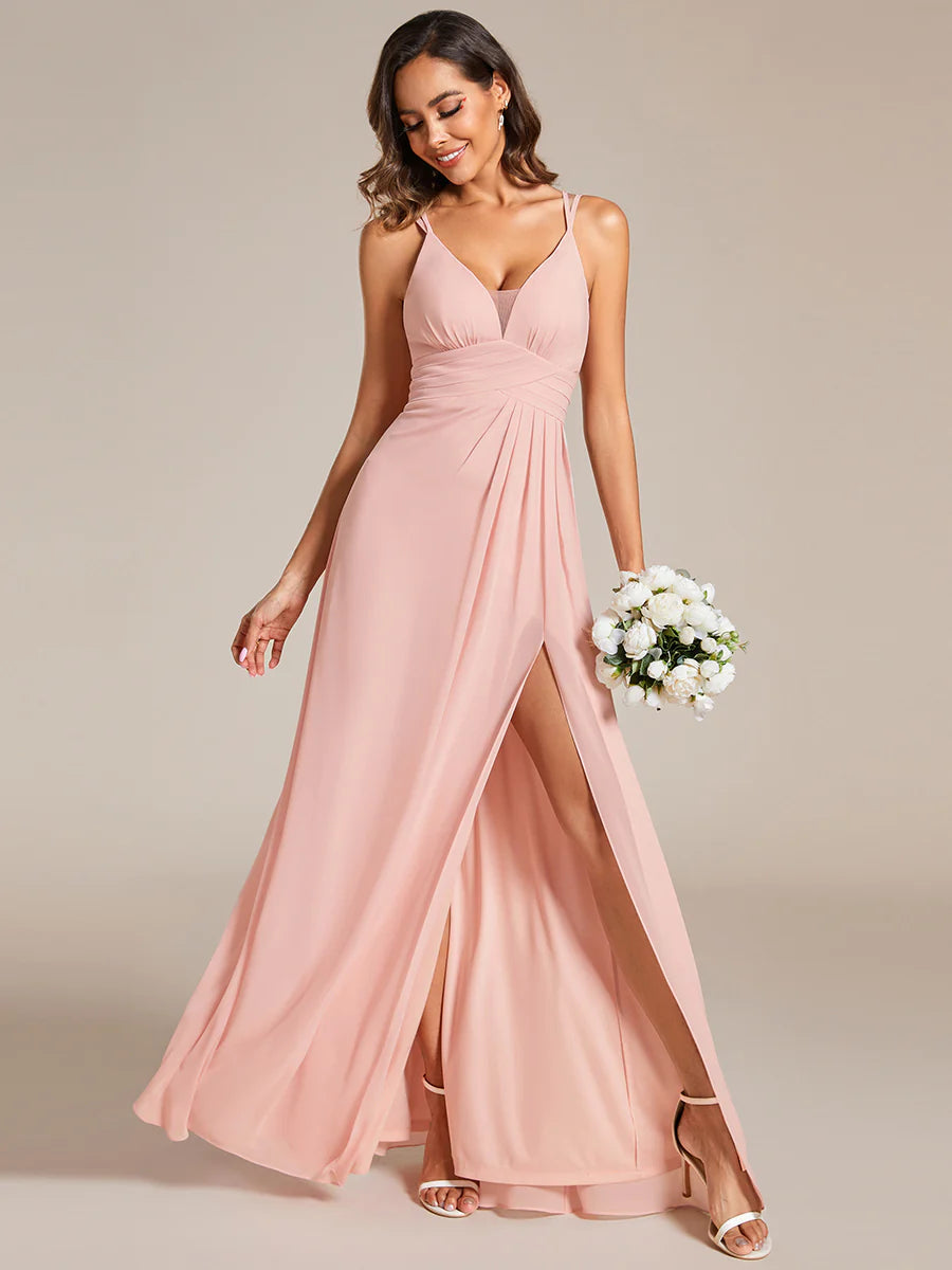 Plunging Neck Split Spaghetti Strap Back X-Cross Bridesmaid Dress - CALABRO®