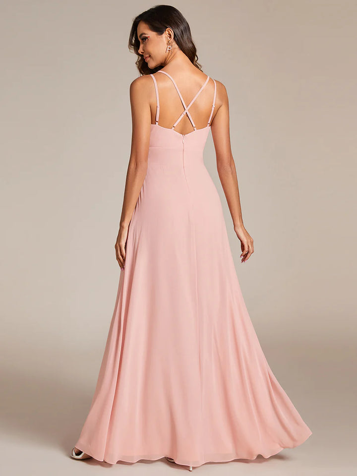 Plunging Neck Split Spaghetti Strap Back X-Cross Bridesmaid Dress - CALABRO®