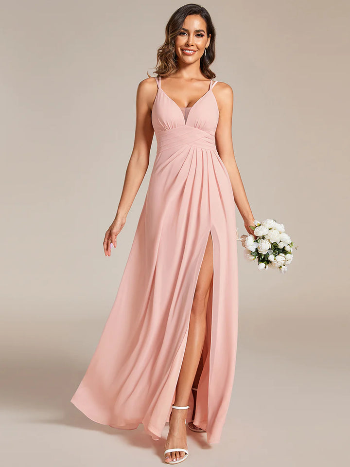 Plunging Neck Split Spaghetti Strap Back X-Cross Bridesmaid Dress - CALABRO®