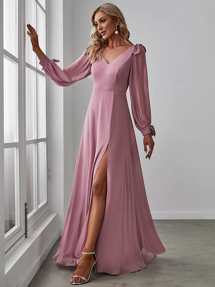 Long Lantern Sleeves A Line V Neck Bridesmaid Dresses - CALABRO®