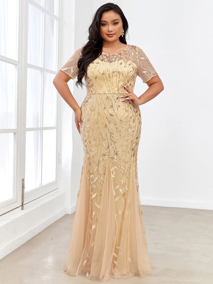 Floral Sequin Print Maxi Long Plus Size Mermaid Tulle Prom Dress - CALABRO®