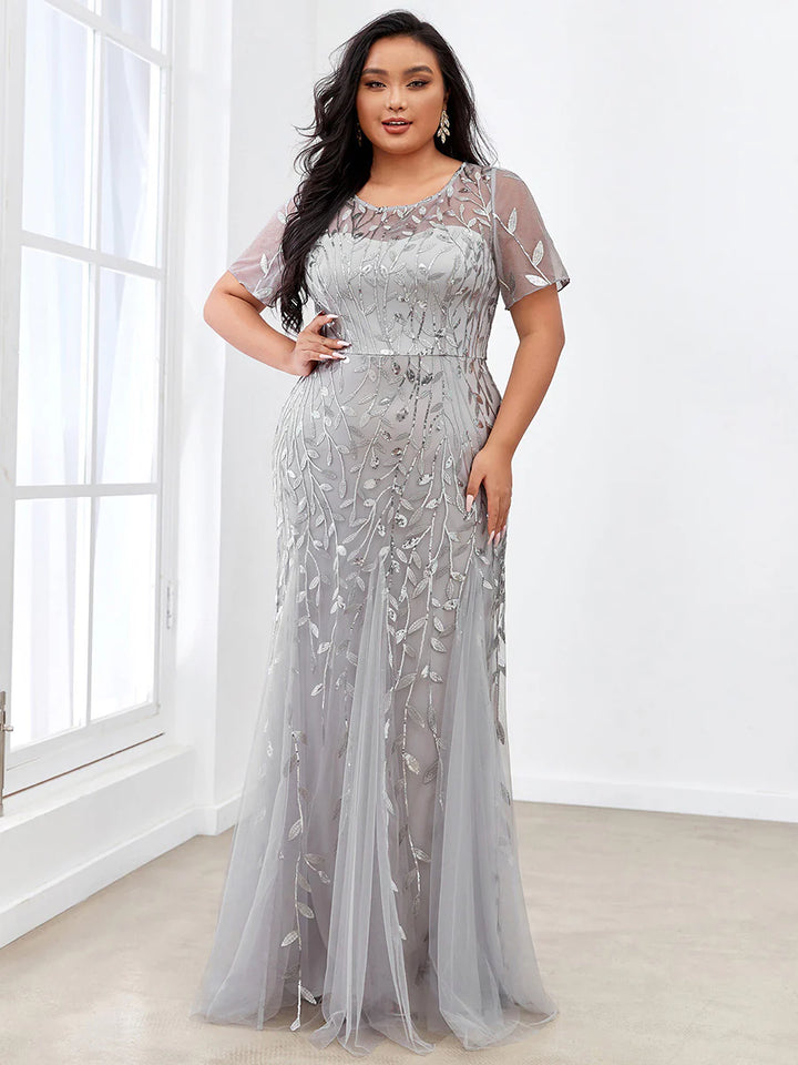 Floral Sequin Print Maxi Long Plus Size Mermaid Tulle Prom Dress - CALABRO®