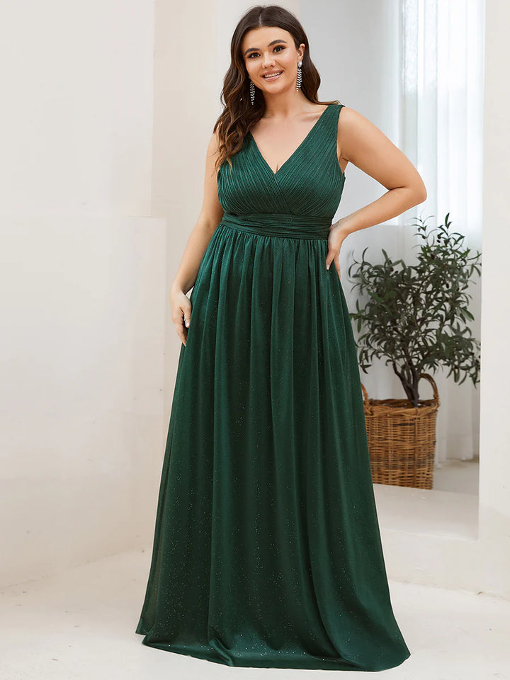 Double V Neck Maxi Long Plus Size Evening Dresses