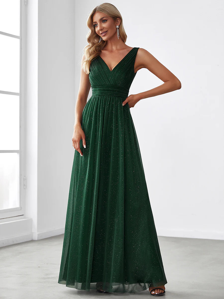 Sparkly V-Neck Ruched Evening Dress - CALABRO®