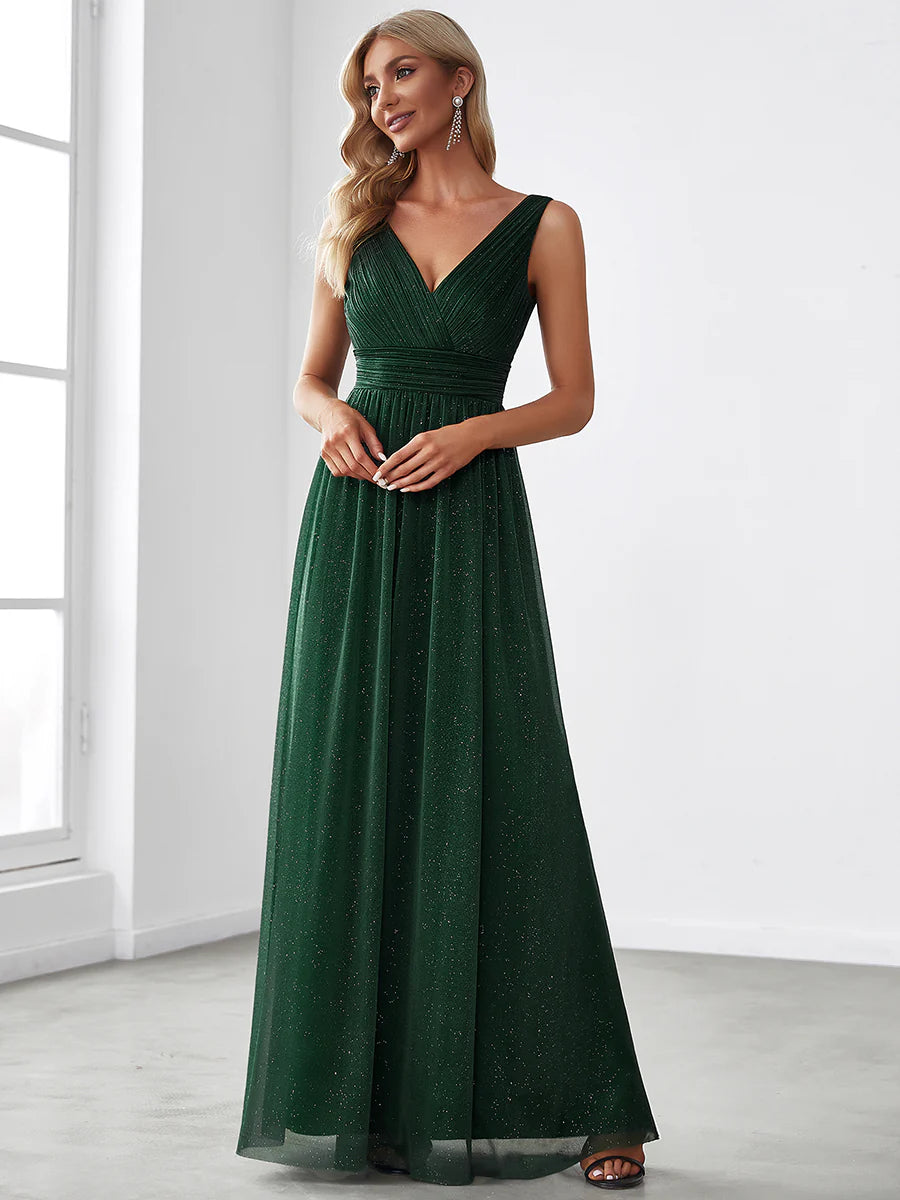 Sparkly V-Neck Ruched Evening Dress - CALABRO®