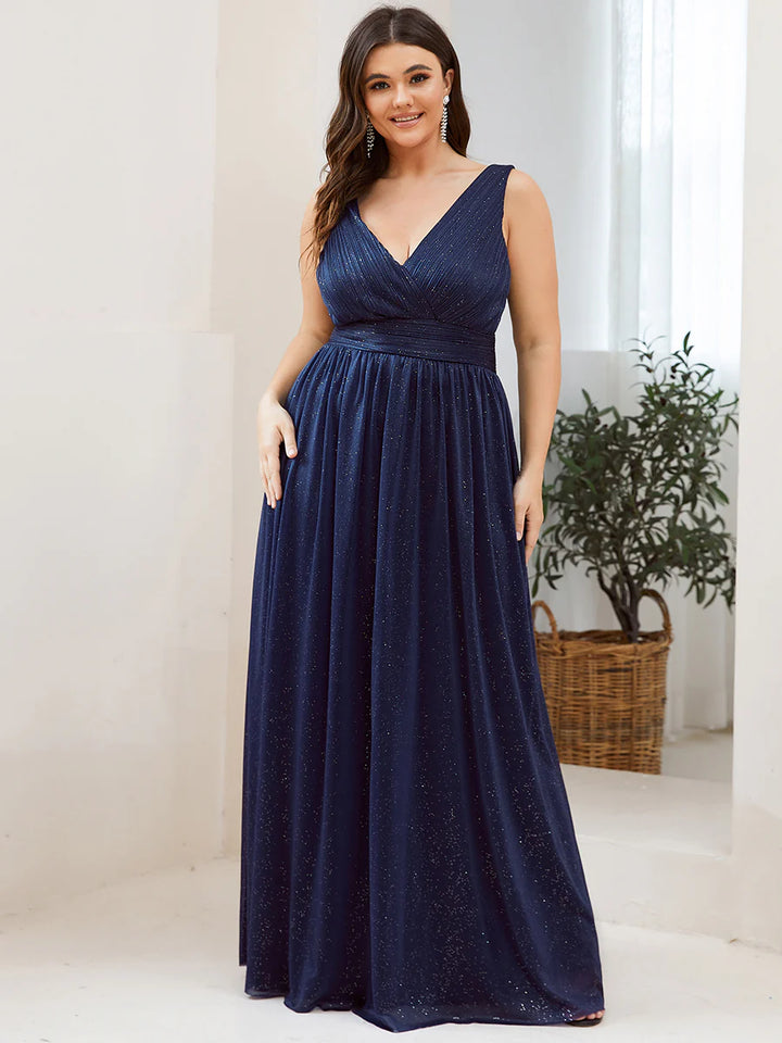 Double V Neck Maxi Long Plus Size Evening Dresses